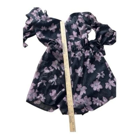 Black Pink Floral Chiffon Romper Size XS Short Lined Elastic Waist Button Front - Picture 6 of 11